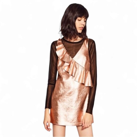 ZARA Metallic Rose Gold Faux Leather Deep V Ruffle Frill Mini PartyDress - Picture 1 of 10